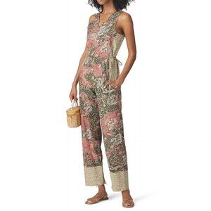 Warm Floral Pink and Green Sleeveless V-Neck Printed Cotton Jumpsuit Size 0